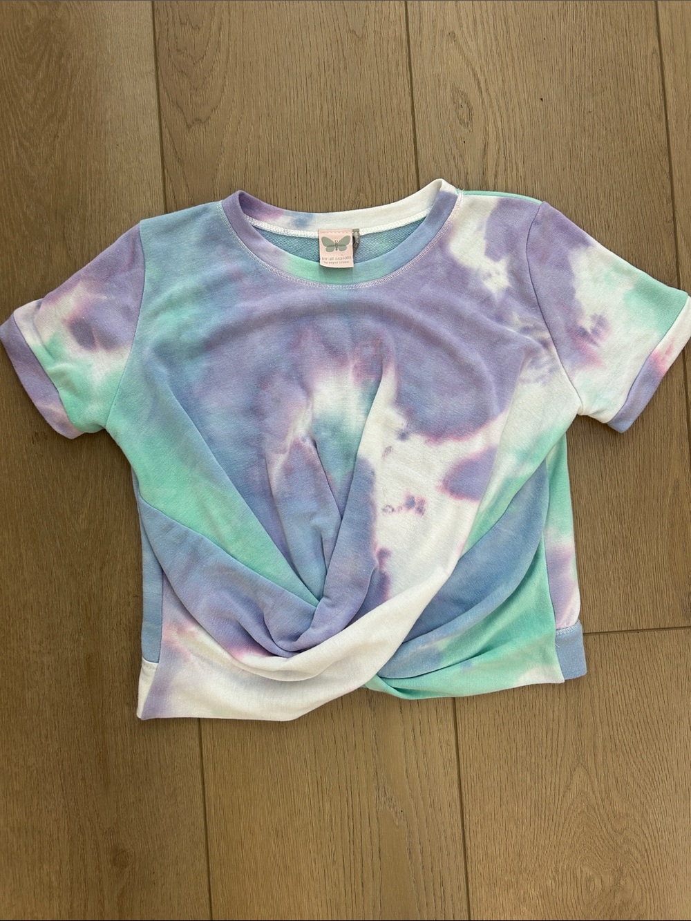 Tie-Dye Twist Front Tee in Pastel Purple, Mint & Whitey